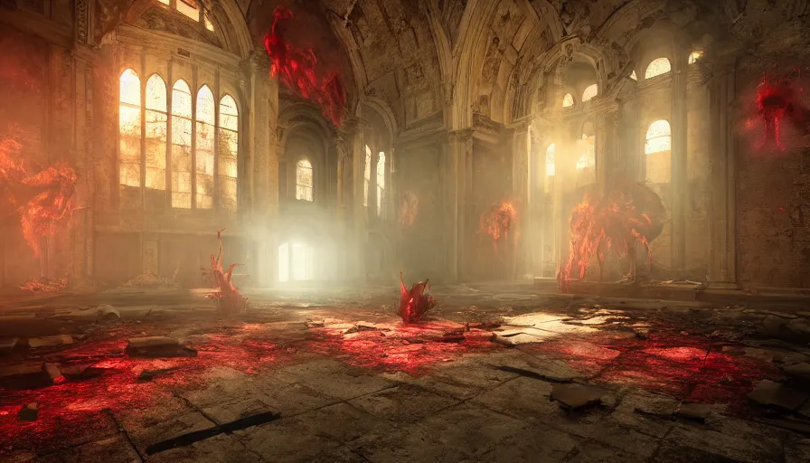 Image similar to hellspawn demonic creatures battle astaroth lovecraftian monsters, in an abandoned church in the vatican, 8 k, soft lighting, hdr, octane render, cinematic, red fluid on walls of the church, smoke, horrific, photorealistic, bokeh