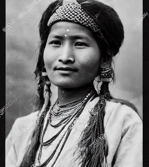 Image similar to vintage_portrait_photo_of_a_beautiful_nepalese_maiden in the himalayan mountains