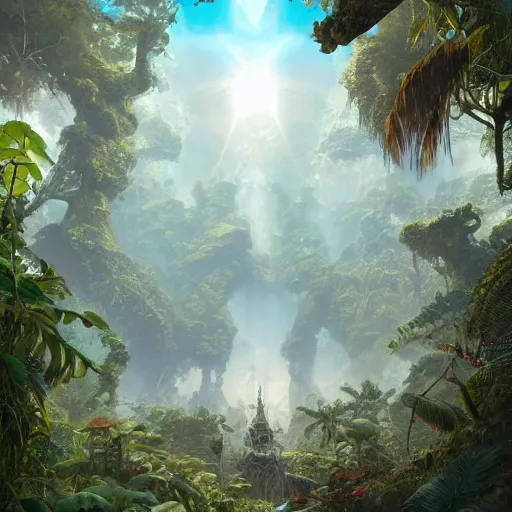 Prompt: a hyperrealistic illustration of an untouched Island, teeaming jungle with fractal sunlight, award-winning, masterpiece, in the style of Tom Bagshaw, Cedric Peyravernay, Peter Mohrbacher