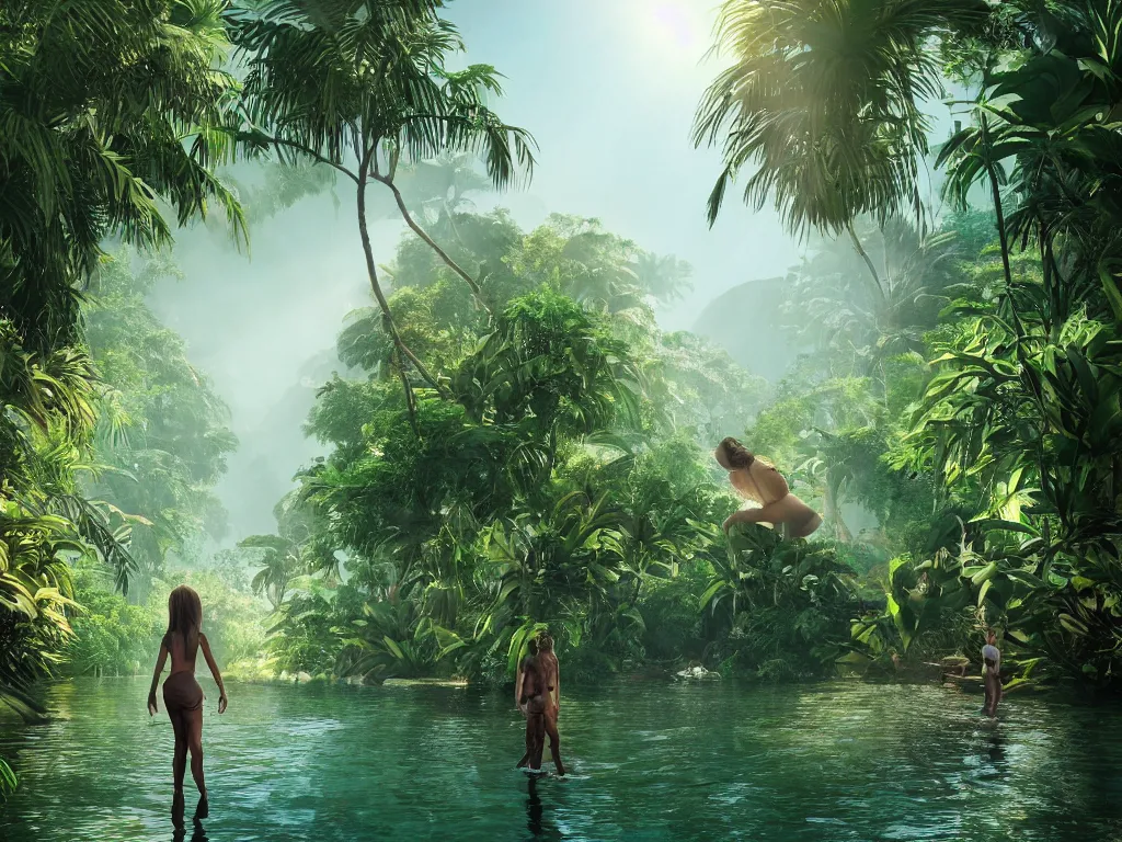 Prompt: Gigantic statue of woman's face in the jungle and tiny human adventurer. Palm trees around and the river flowing near from the mountain. Shadows, water reflections. Sun rays, god rays, lens flares. Cinematic, ArtStation, realistic photograph, ambient, shades of green, Unreal Engine 5, rendered by Octane.