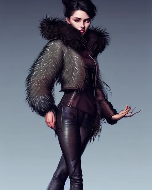 Prompt: fur - lined dragonhide jacket!!! beautiful and elegant female!! gorgeous ayes!! symmetry, character concept art, sharp focus, illustration, artgerm!! greg rutkowski! wlop!! ilya kuvshinov!! charlie bowater! octane render! unreal engine 5! highly rendered!! trending on artstation!!