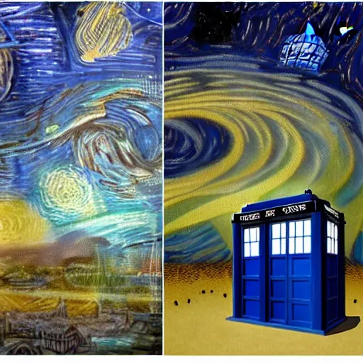 Image similar to tardis from doctor who exploding in the middle of the universe, matte painting, by van gogh