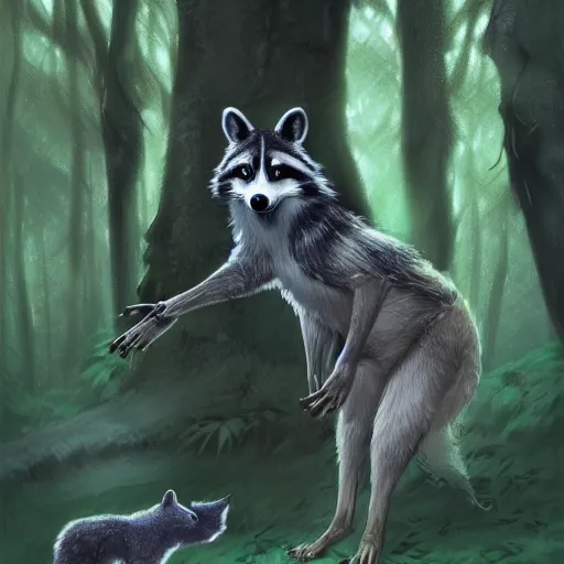 Image similar to a woodland druid in a forest with a wolf bird and racoon, photorealistic, in the style of greg rutkowski, digital painting