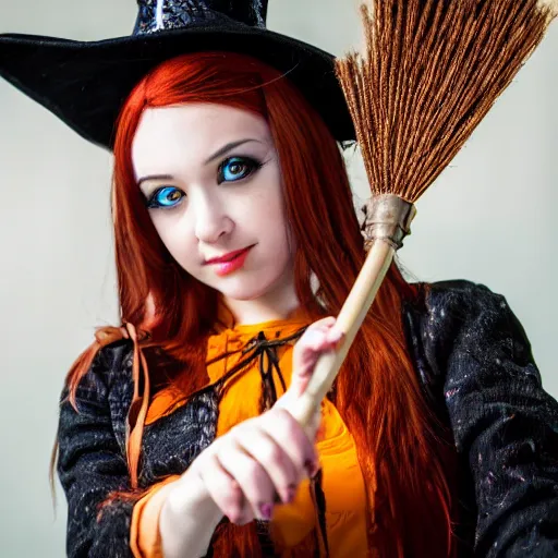 Prompt: young woman witch with magic wand and broom cosplay, she wears boots, full body, beautiful face, photo taken by nikon, 4k, high quality, very detailed, intricant