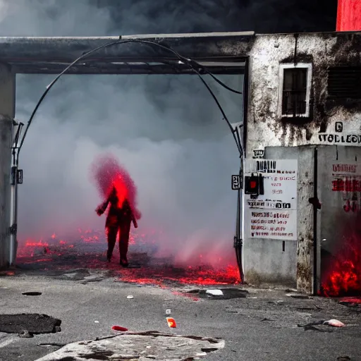 Prompt: a vulcano spraying blood all over the city. The city is burning and all over people are screaming and running away towards the gate but the gate is closed. No way out. Dark mood light.