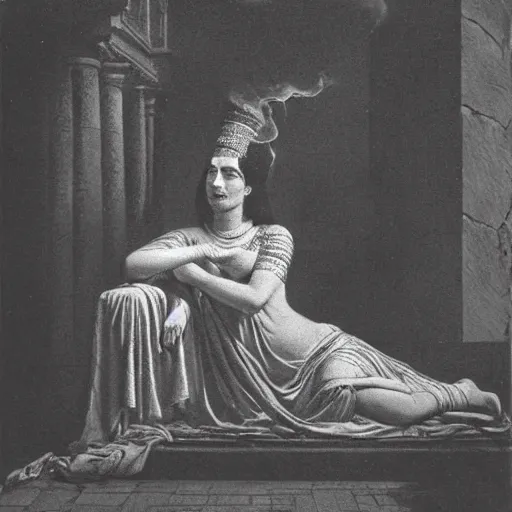 Image similar to photograph of Cleopatra on the rain, night, smoke, shadows,