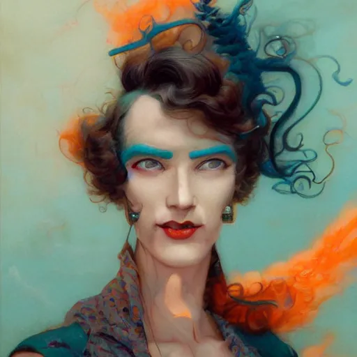 Image similar to beautiful realistic character portrait of a hero in the 1 9 2 0 s, wearing 1 9 2 0 s cloth hair, coloured in teal and orange, muted colours, by peter mohrbacher, hajime sorayama, wayne barlowe, boris vallejo, aaron horkey, gaston bussiere, craig mullins