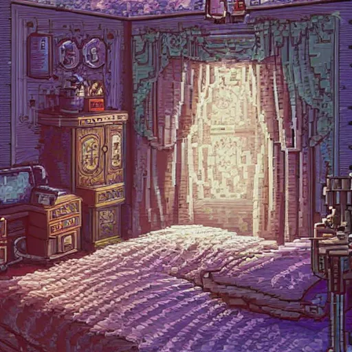 Prompt: 9 0 s bedroom, beautiful detailed pixelart by albertov, intricate details, beautiful, dithered gradients, volumetric lighting, cgsociety, artstation, smooth, sharp focus, 2 d illustration, amazing art by dan mumford, old school computer game graphics, crpg, d & d, pixel art