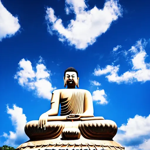 Image similar to a man doing a flip off of a giant Buddha statue, blue sky, cloudy background, photograph, realistic