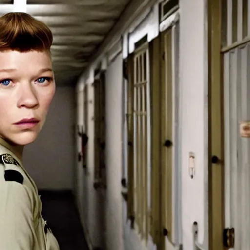 Prompt: A movie still of Lea Seydoux as a prison guard in a french prison in a Wes Anderson Movie, Wes Anderson directing