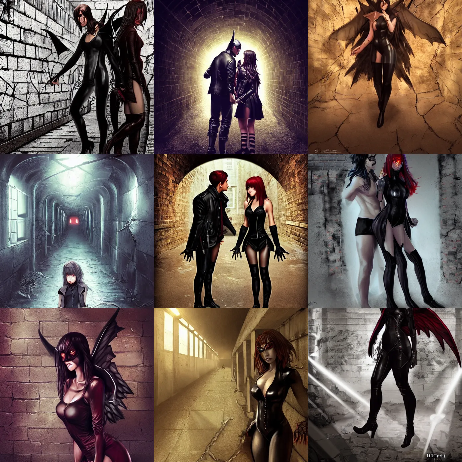 Prompt: a schoolboy and intimidating by a succubus in a leather suit leaning on a cracked brick wall, devil wings, long hallway, seductivelight at the end of the tunnel, volumetric lighting, concept art, detailed, dramatic lighting, by artgerm