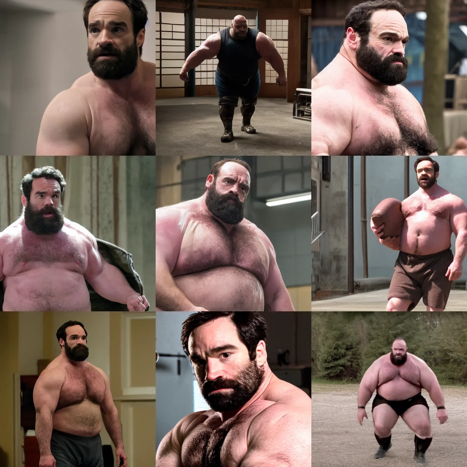 Prompt: charlie cox as a big burly padded strongman, 4 k hd