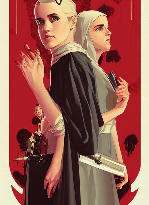 Prompt: poster artwork by Michael Whelan and Tomer Hanuka, Karol Bak of Emma Watson nun and Kiernan Shipka scientist, team up, science vs religion, from scene from Twin Peaks, clean