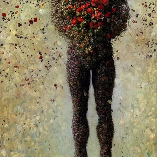 Image similar to a full body sculpture portrait made of stars and dust and flowers and plants, painting part by wojciech siudmak, part by ilya repin, part by max ernst, part by norman rockwell, artstation