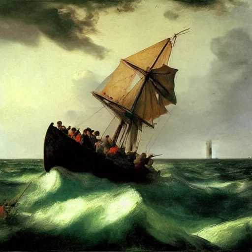 Prompt: a single man on a boat who is amazed by the beauty of a huge storm in the middle of the sea that is about to absorb him and end his life, painting by gustave courbet, high detail, claude joseph vernet, rembrandt, museum painting, masterpiece