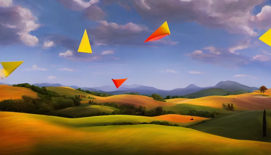 Image similar to a beautiful landscape painting, flying colorful paper planes, tuscany hills, by sam guay, moody lighting, hyperrealism, 4 k, octane render