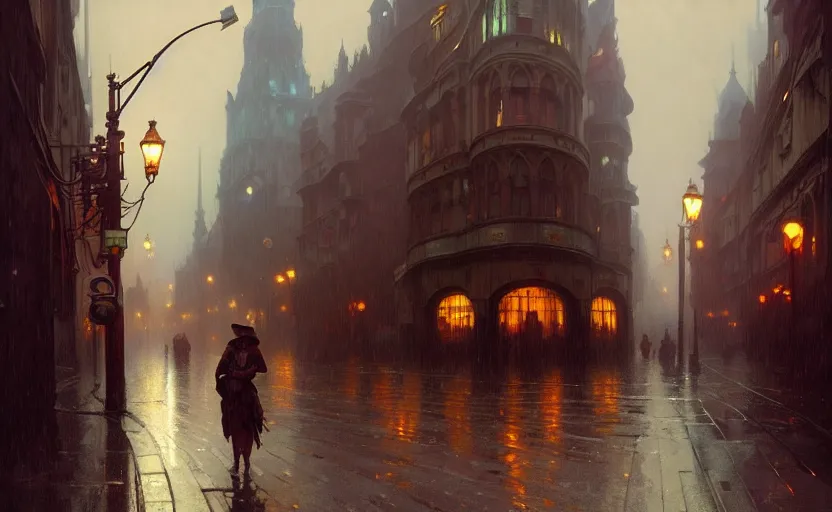 Image similar to an old victorian city with rainy atmosphere and moody and cinematic lighting by alphonse mucha, simon stalenhag and darek zabrocki, cinematic and atmospheric, concept art, artstation, trending on artstation