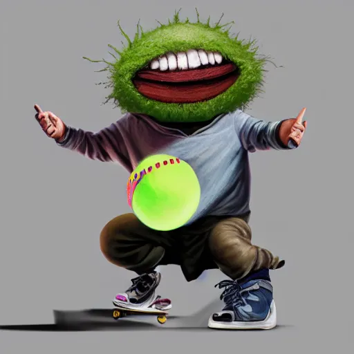 Image similar to highly detailed vfx character of a skateboarding tennis ball monster, skateboard stephen bliss, chalk, unrealengine, greg rutkowski, loish, rhads, beeple, chalk, makoto shinkai and lois van baarle, ilya kuvshinov, rossdraws, tom bagshaw, basil gogos