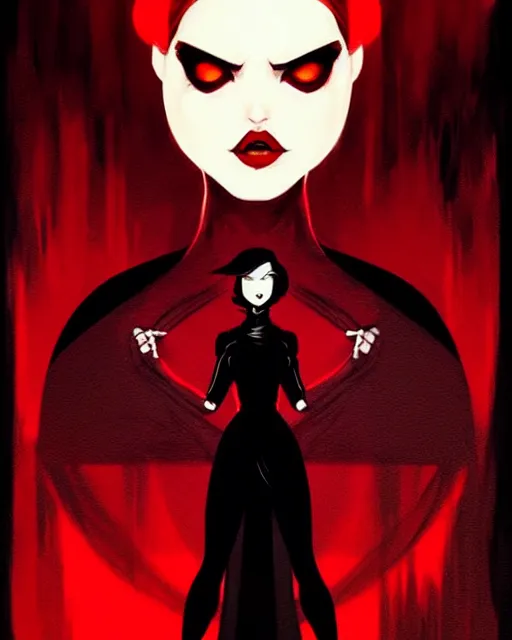 Prompt: rafael albuquerque comic art, peter mohrbacher, phil noto, artgerm, pretty evil elizabeth olson witch, black and red dress, symmetrical eyes