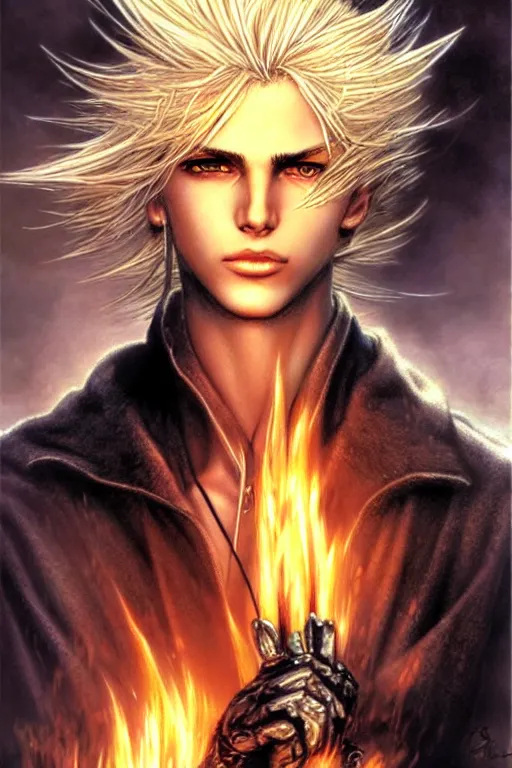 Image similar to character art by luis royo, young man, blonde hair, on fire, fire powers