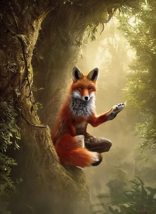 Prompt: Beautiful art portrait of a fox in monk clothing as a fantasy martial arts expert in a bright temple surrounded by lush forest, atmospheric lighting, intricate detail, cgsociety, hyperrealistic, octane render, RPG portrait, ambient light, dynamic lighting