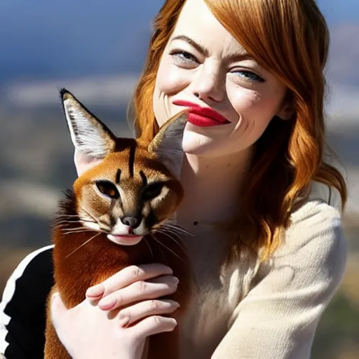 Image similar to Emma Stone holding a cute caracal