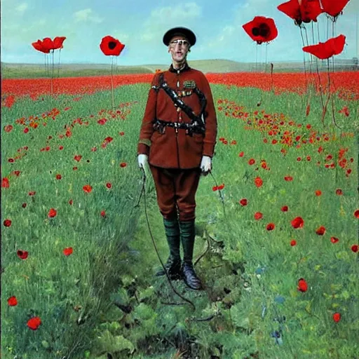 Image similar to world war 1 soldier in a field of giant poppies, surrealist, by robert mcginnis