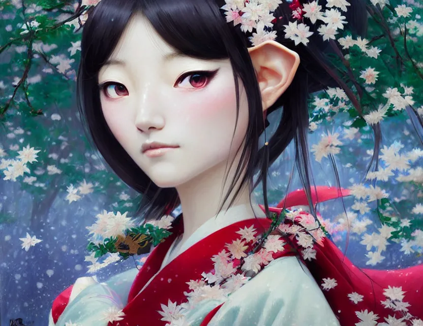 Image similar to a beautiful shibuya 1 0 9 female elf with haori and kimono decollete and jewelry | | snowy, realistic shaded, unpleasant face, channel, fasion, fine details, realistic shaded lighting poster by makoto shinkai, jeremy lipkin, michael garmash, magali villeneuve, artgerm, jeremy lipkin and michael garmash