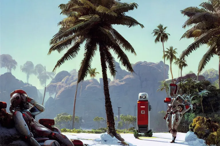 Prompt: natural american landscape | robot greeting another robot | palm trees | snowy mountains, painting by syd mead and weta studio and james jean, frank frazetta, highly detailed, rule of third, soft lighting, 8 k resolution, oil on canvas, architectural magazine, beautiful detailed, insanely intricate details, artstation trending, hypermaximalistic, high details, cinematic