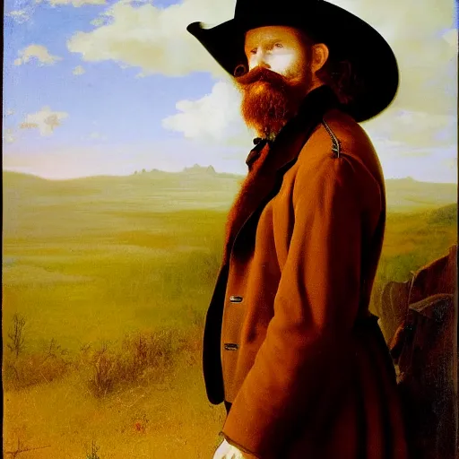 Prompt: portrait drunk cowboy redhead long hair, big moustache, black stetson and coat, dusty backgroung, albert bierstadt, frank tenney johnson