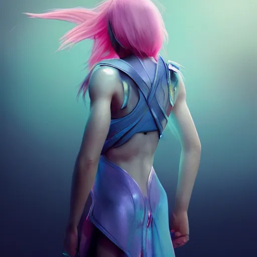 Image similar to beautiful warrior angel with pink hair, from behind, blue piercing eyes, mystery, beautiful aesthetic, by james jean, trending on artstation, digital art, octane render, 8 k, ultra realistic