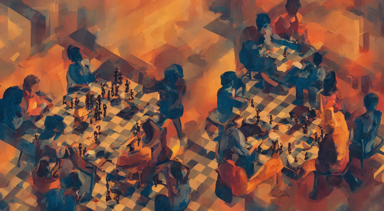 Image similar to a graph style gauche impasto, oil paint, people playing chess, steampunk art by james gilleard, cgsociety, retrofuturism, synthwave, retrowave, outrun, autumn color.