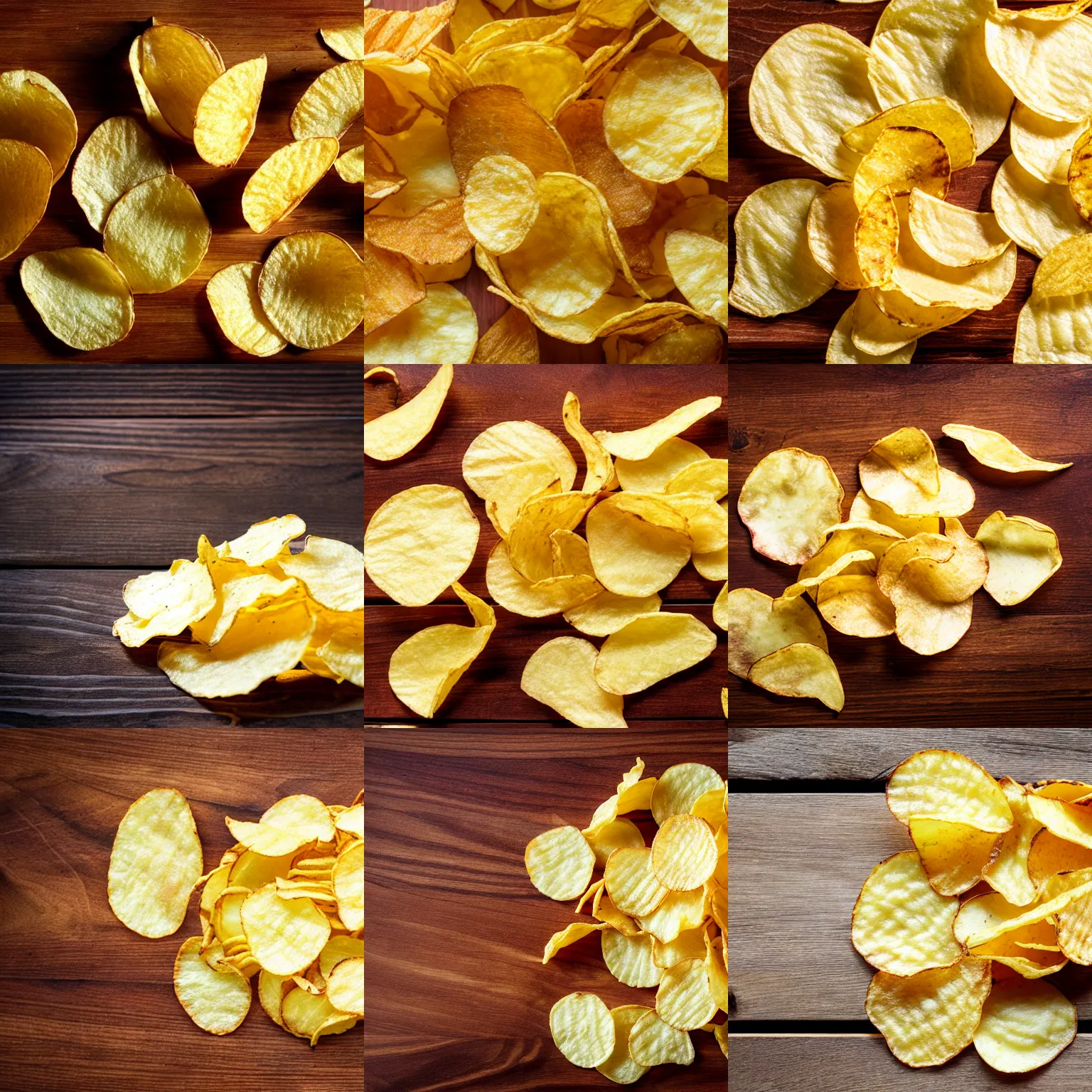 Prompt: potato chips with the texture of wood