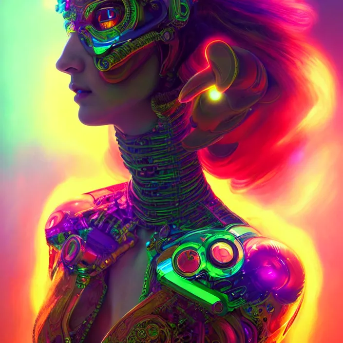 Image similar to bright psychedelic portrait of organic cyborg, wings, volumetric smoke in light rays, diffuse lighting, fantasy, intricate, elegant, highly detailed, lifelike, photorealistic, digital painting, artstation, illustration, concept art, smooth, sharp focus, art by John Collier and Albert Aublet and Krenz Cushart and Artem Demura and Alphonse Mucha