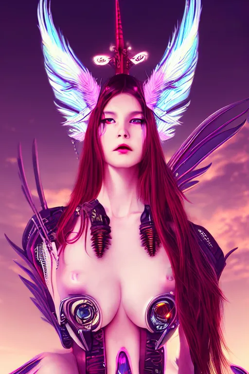 Image similar to portrait futuristic Devil Girl with horns and wings and feathers and armor , in future cyberpunk tokyo rooftop , ssci-fi, fantasy, intricate, very very beautiful, elegant, human anatomy, human structure, neon light, highly detailed, digital painting, artstation, concept art, smooth, sharp focus, illustration, art by tian zi and WLOP and alphonse mucha