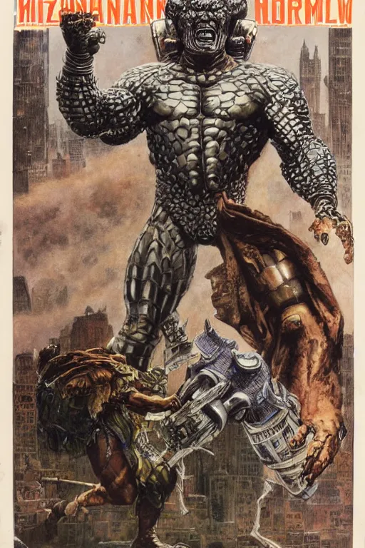 Image similar to full length portrait of mariusz pudzianowski as an armoured hulking marvel villain fighting extraterrestrial invaders in new york, dynamic action, by lawrence alma tadema and zdzislaw beksinski and norman rockwell and jack kirby and tom lovell and greg staples and michael alford