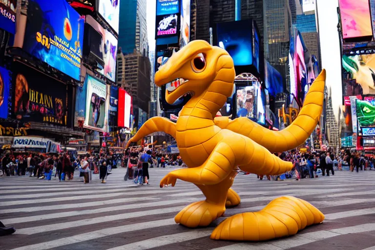 Image similar to closeup potrait of dragonite in times square, natural light, sharp, detailed face, magazine, press, photo, Steve McCurry, David Lazar, Canon, Nikon, focus