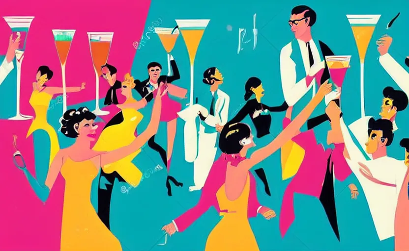 Prompt: “Colorful illustration of a party with people dancing in luxurious modern mid century house. Cocktail glasses in hands. Lively and fun. Retro advert style.”