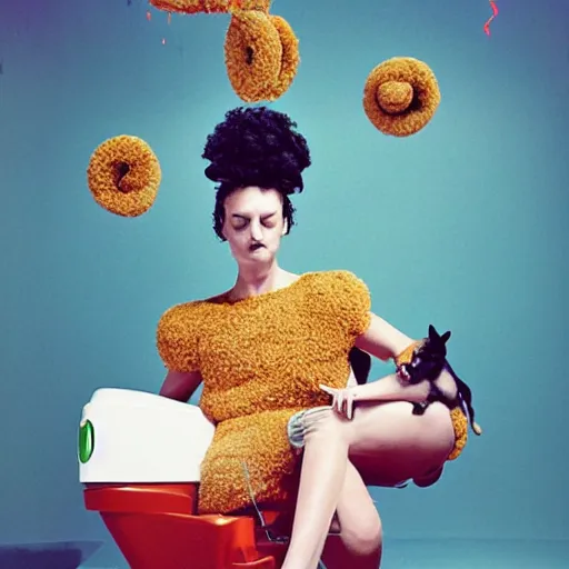 Prompt: a studio portrait of a beautiful fashion model that is curling her hair and hir dogs in the curls. surreal photograph, toiletpaper magazine, 3 5 mm photograph, colourful, by pierpaolo ferrari, maurizio cattelan, sandy skoglund