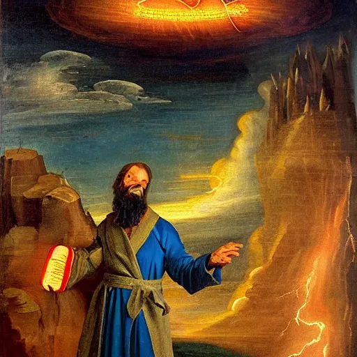 Prompt: A bearded robed wizard playing a neon electric guitar surrounded by lightning bolts on the top of cliffside, wide-angle, renaissance painting, oil on canvas, epic, cinematic - W 1024