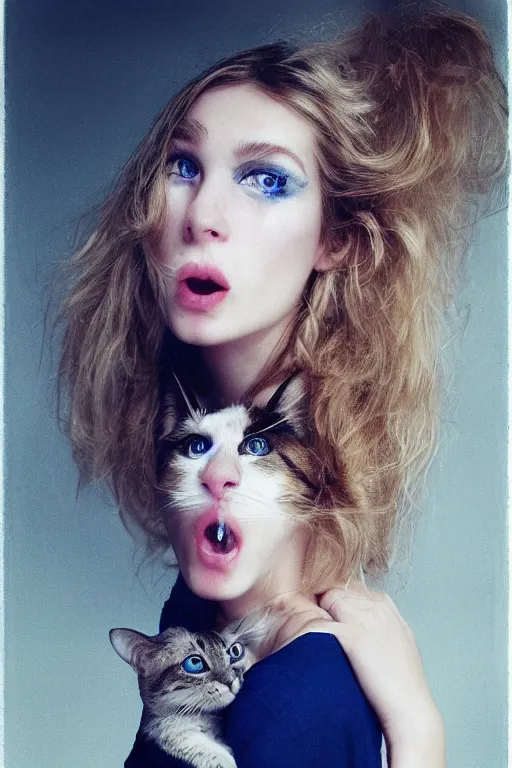 Prompt: photo realistic portrait of a blonde hair blue eyed teenage girl, sharp jawline seductive pose, Teary-eyed, makeup with a cat's companion on her side. Photography portrait by Paolo Roversi