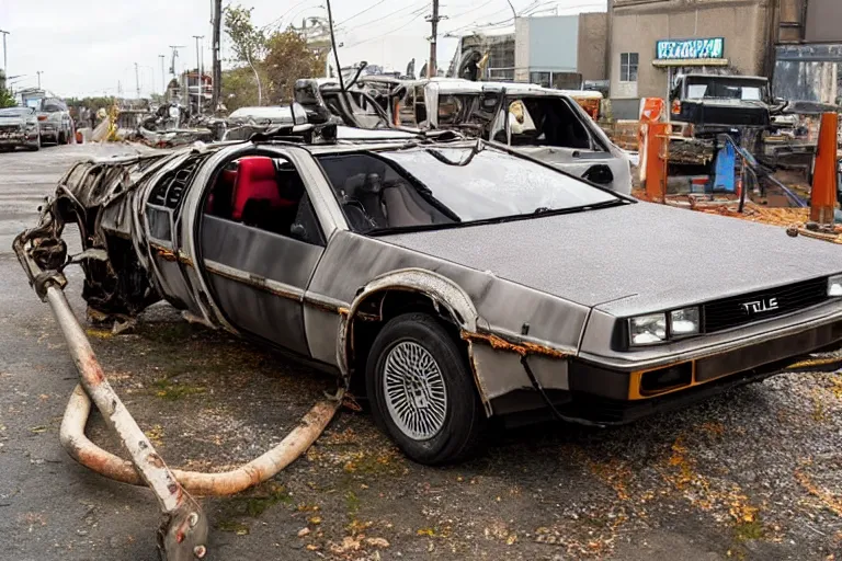 Image similar to rusty, derelict 2 0 2 2 delorean time machine being dragged by a tow truck