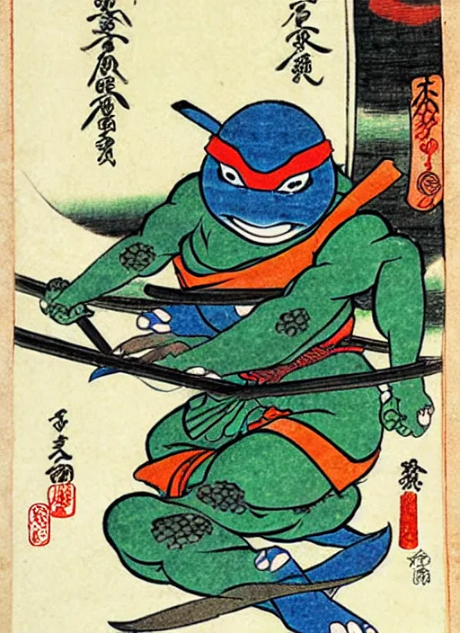 Image similar to a ninja turtle as a yokai illustrated by kawanabe kyosai and toriyama sekien