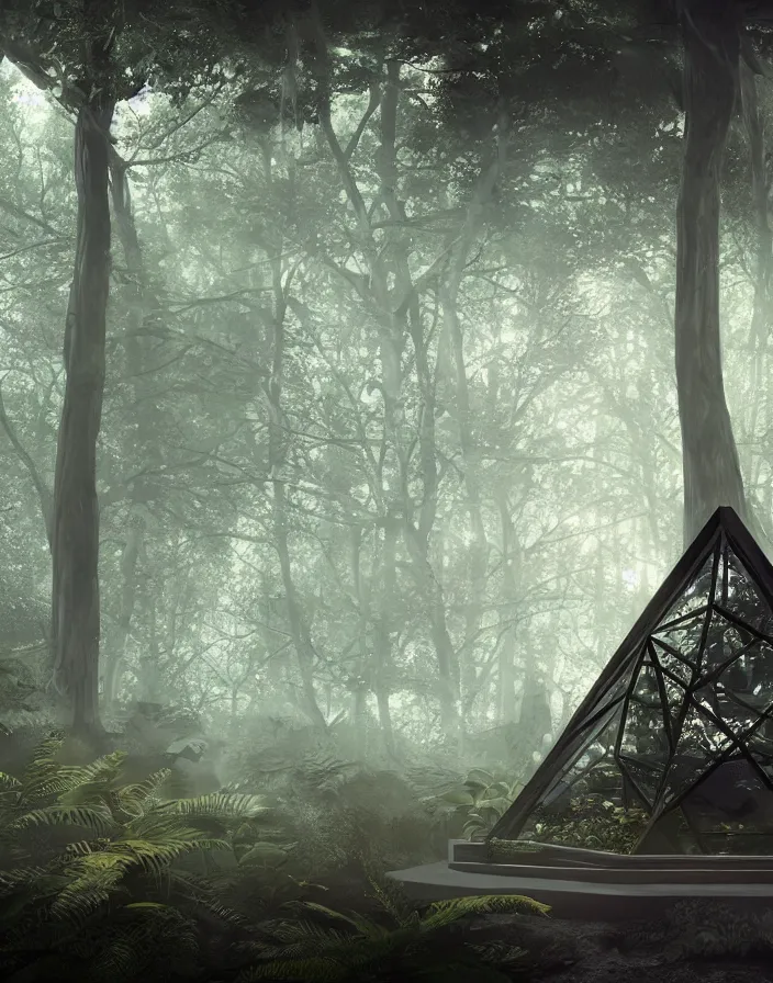 Image similar to illuminati inside a woodland terrarium, matte painting, octane render, cinematic, hyper realism, octane render, 8k, depth of field, bokeh. iridescent accents. Dark and foggy. scheme