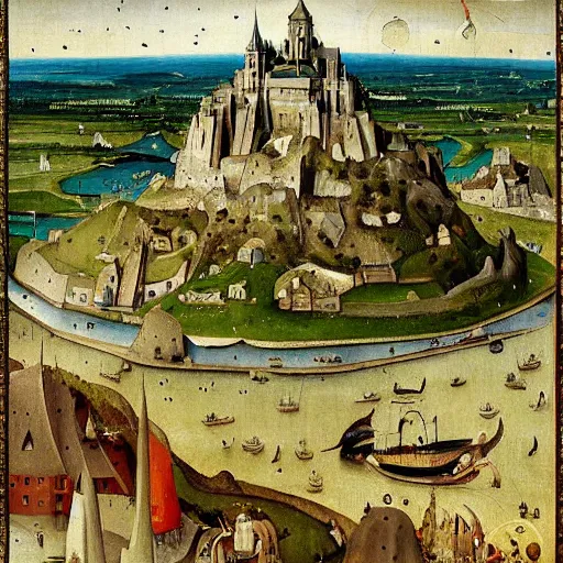 Image similar to Stunning and highly detailed painting of Mount Saint-Michel by Hieronymus Bosch