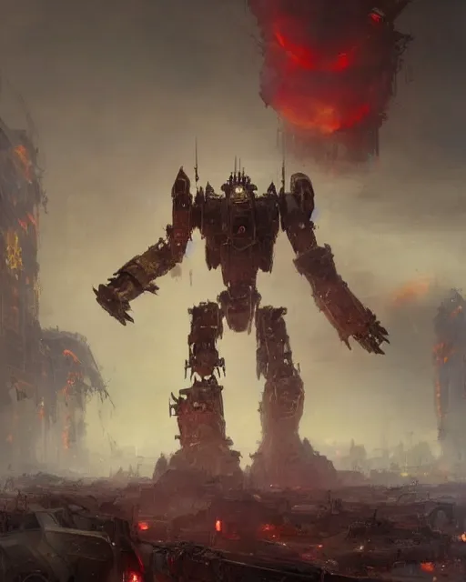 Prompt: a giant bipedal robot ( imperator titan'4 0 k ) of death with huge canon as arms, short torso, tiny head, walking in the smoke of a destroyed city, explosions dust smoke, concept art by emmanuel shiu and ruan jia and john berkey, trending on artstation