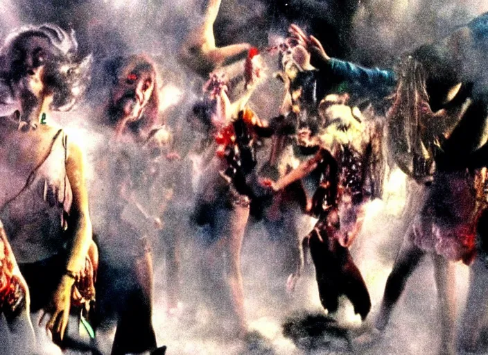 Prompt: wild underground carnival dance scene from a 7 0's movie by chris cunningham, kenneth anger and alejandro jodorowsky : : smoke effects, technicolor color scheme, close - up of the actors'faces