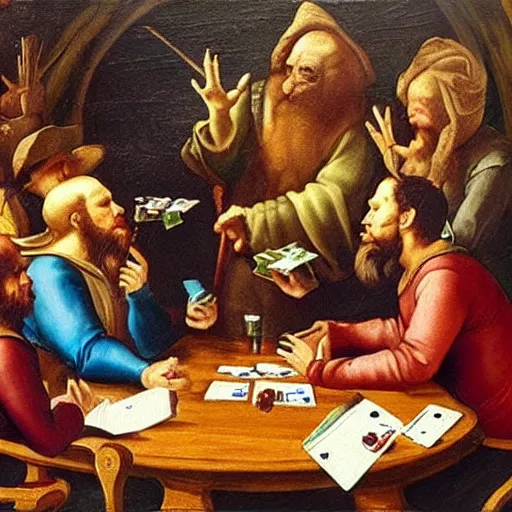 Prompt: renaissance painting of Cthulhu playing poker with pirates in a pub, detailed, gloomy