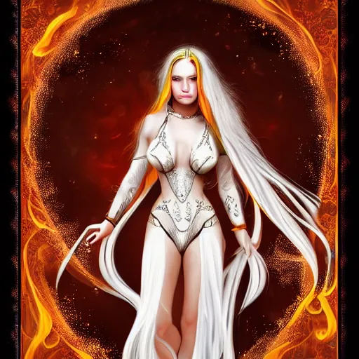 Image similar to Attractive young female fire angel, beautiful long white hair, wearing tumultus flames, intricate, highly detailed, elegant, digital painting, trending on artstation