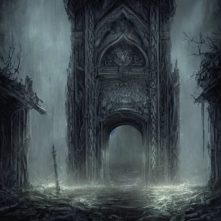 Image similar to ominous mysterious dark etherial gate to the midnight void, midnight lighting, quiet and serene atmosphere, deviantart, official art, concept art, intricate high detail masterpiece